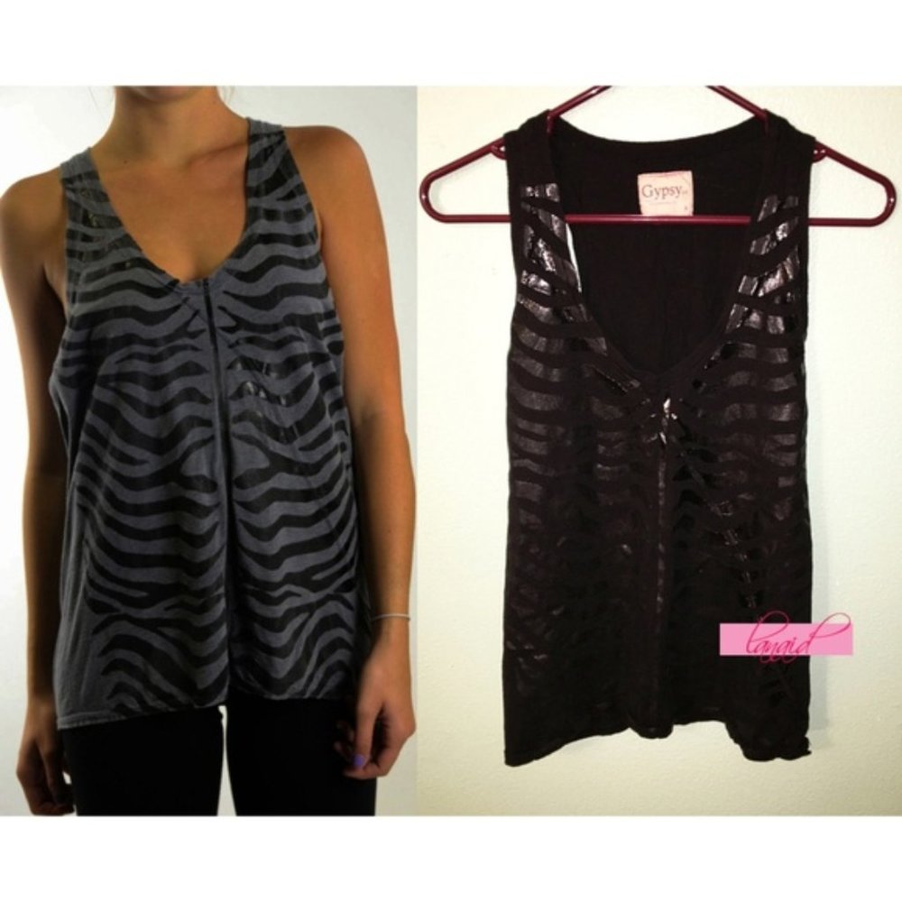 Gypsy 05 Kate Zebra Tank Black Shiny Foil Animal-Print Edgy Muscle Tee Tank Top